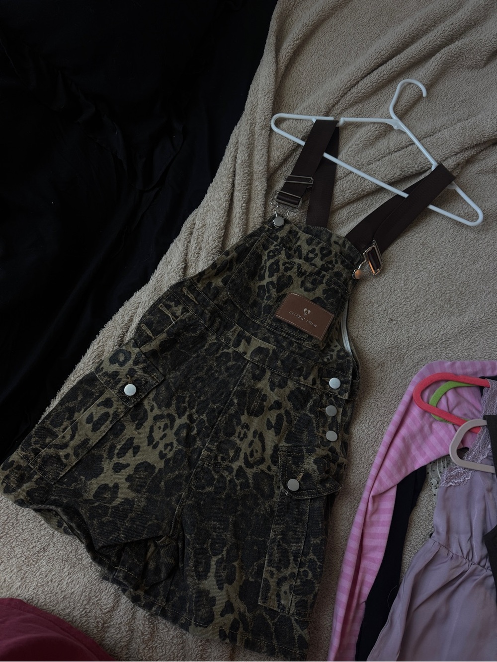 Aelfric Eden Leopard-Print Overall Shorts in Olive Brown
